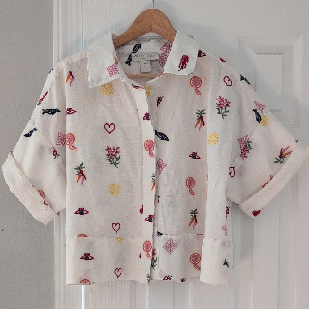 Caroline Consta White Linen Embroidered Cropped Button Down
